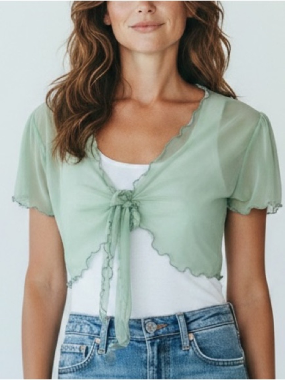 Tie Front Mesh Crop Top Y2K Fairycore Coquette Size M Top Chic Mint Green Crop